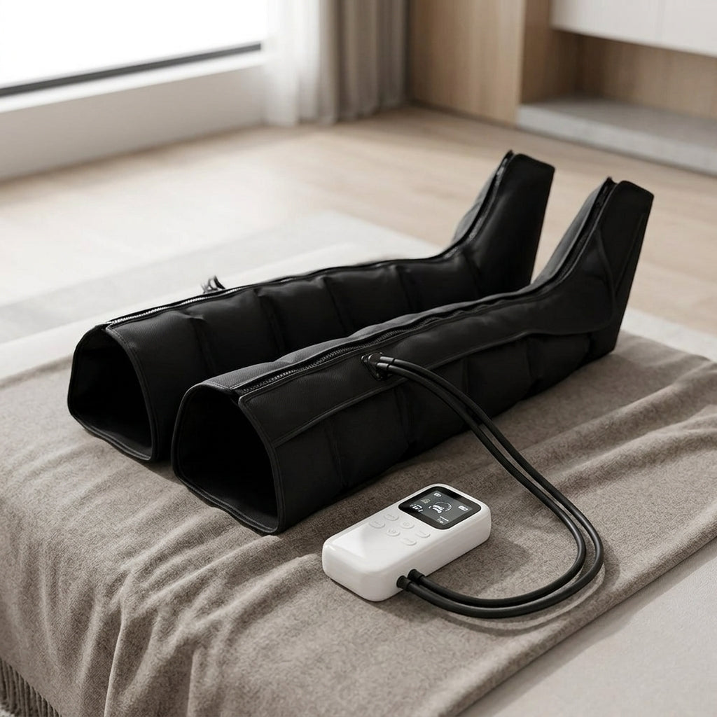 Pair of LegZen black leg boots connected by air hoses to the white handheld remote