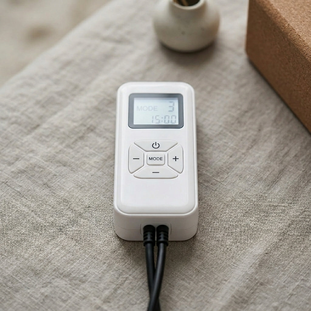 Close-up of the LegZen white handheld remote with LCD screen and mode buttons