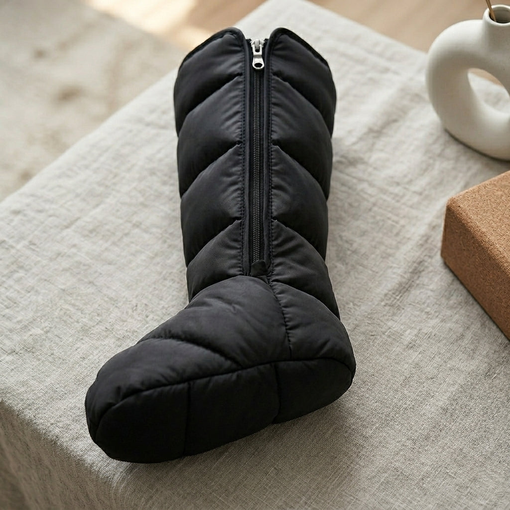 Detail of a LegZen black quilted leg boot with front zipper and enclosed foot