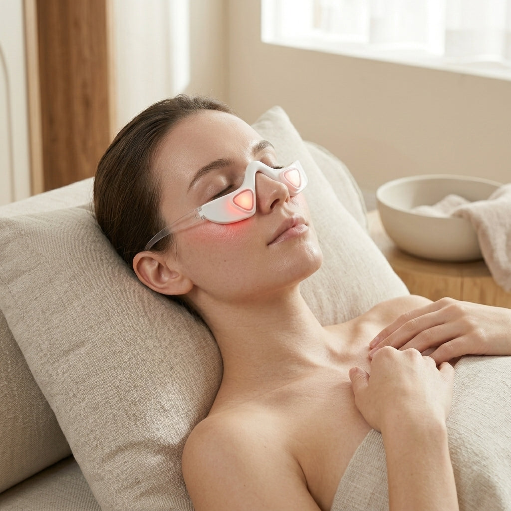 Woman relaxing while wearing the LumiZen under-eye device