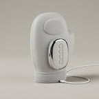 PalmZen grey mitten hand massager with chrome control pod and USB-C cable