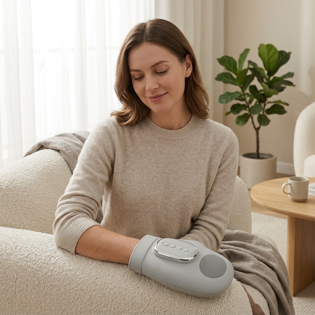 Woman relaxing with her hand inside the PalmZen grey hand massager