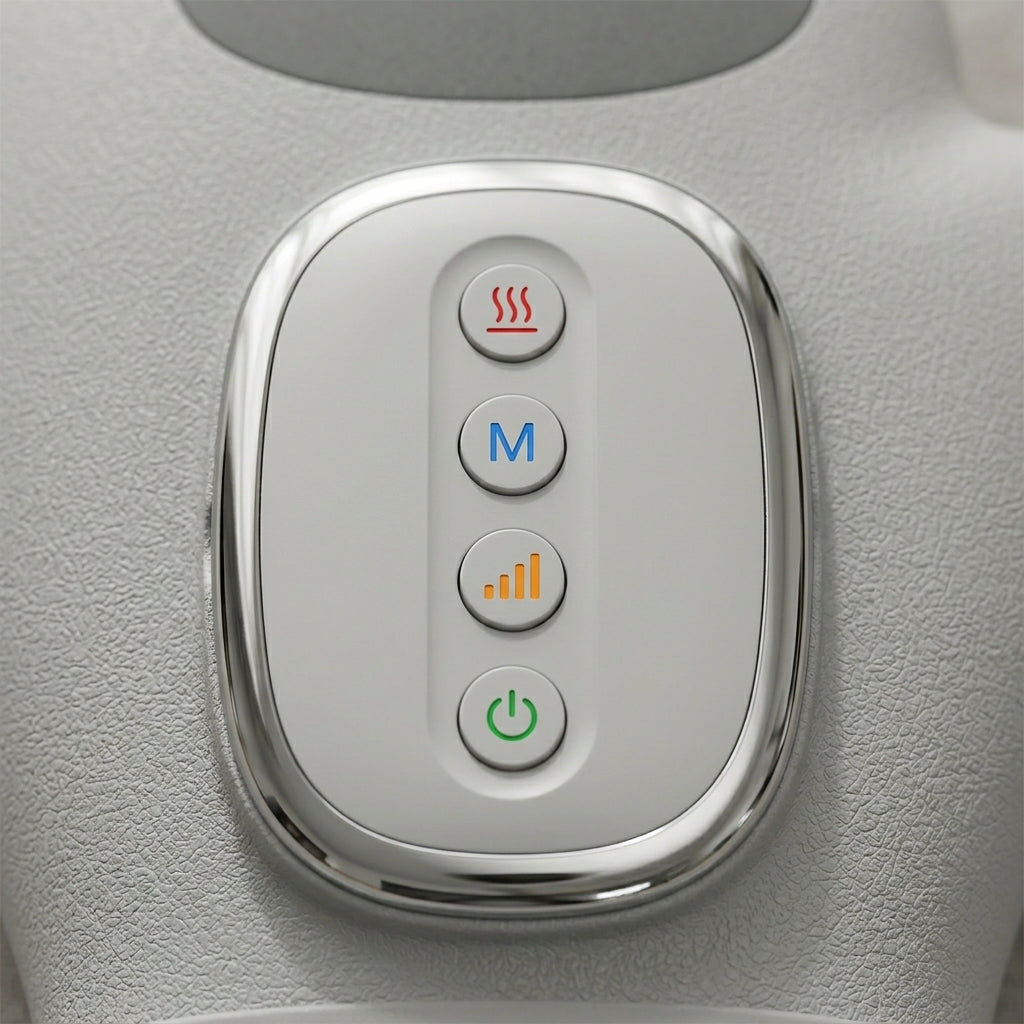 Close-up of the PalmZen chrome control pod with heat, mode, intensity and power buttons