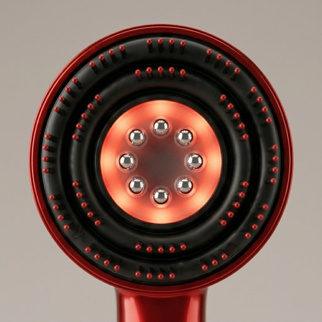 Close-up of the RelaxZen scalp comb head with red light and eight metal guide balls
