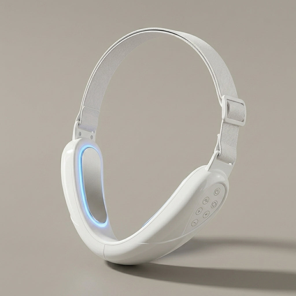 SculptZen white V-line facial band with over-head strap and blue LED pad