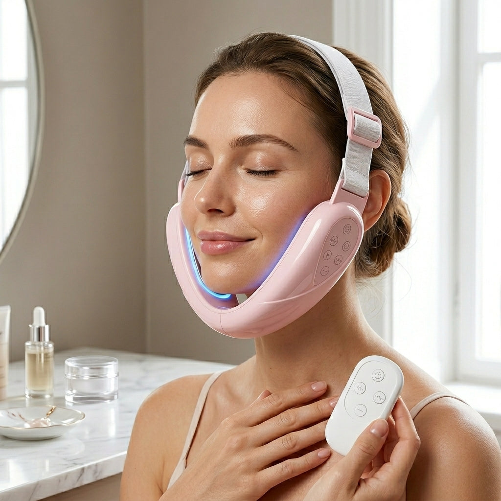 Woman wearing the pink SculptZen facial band holding the handheld remote