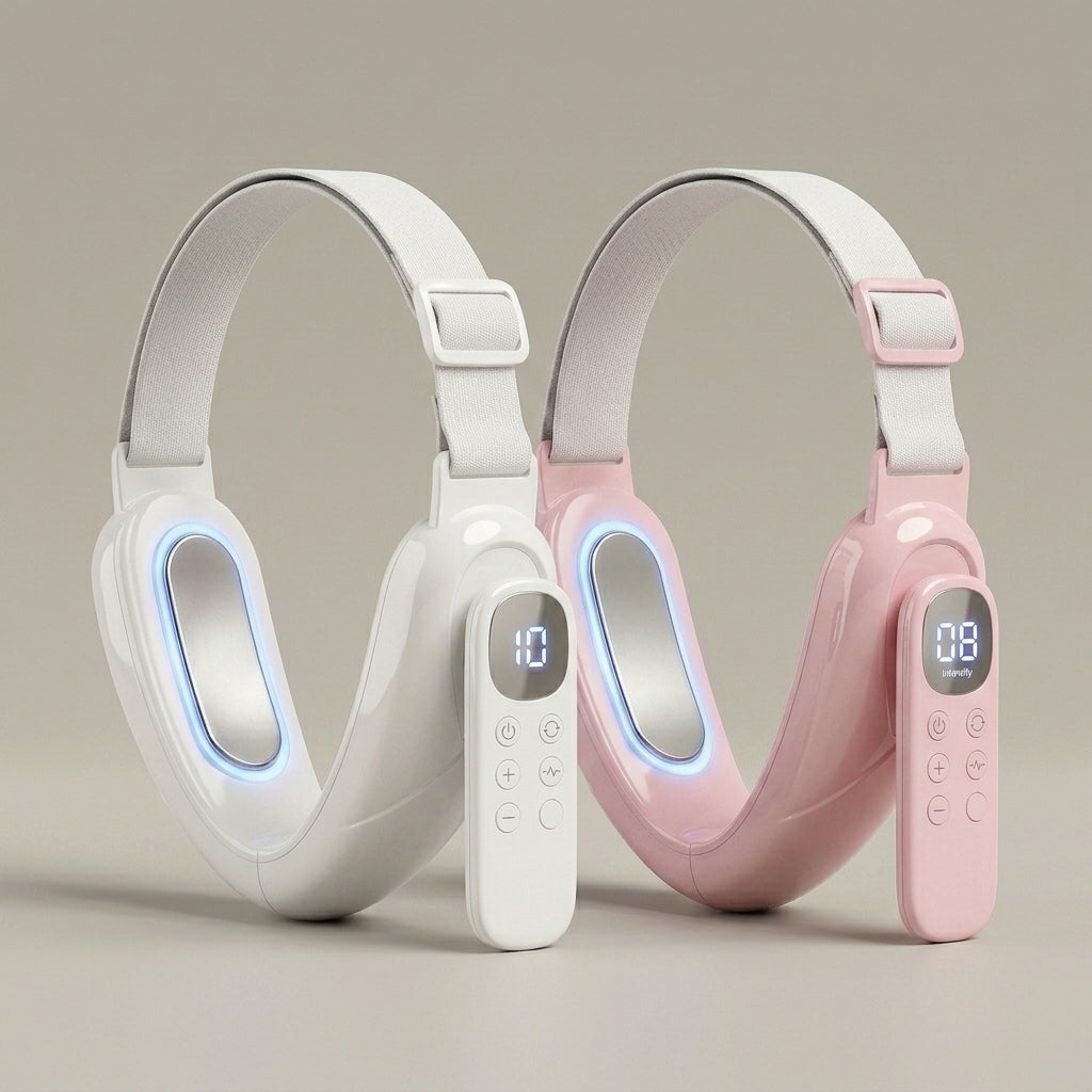 SculptZen facial band in white and pink with matching handheld remotes