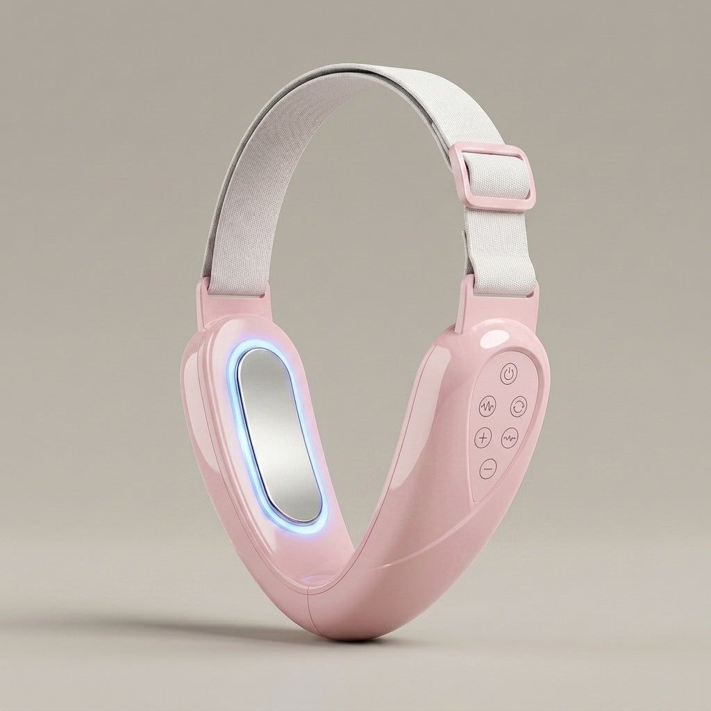 SculptZen pink V-line facial band with over-head strap and blue LED pad