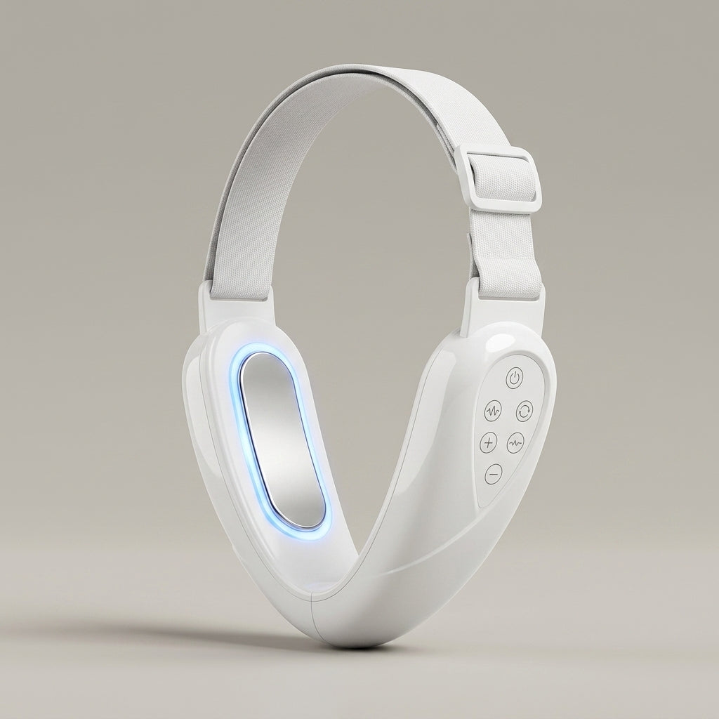 SculptZen white V-line facial band shown at an angle with the touch panel