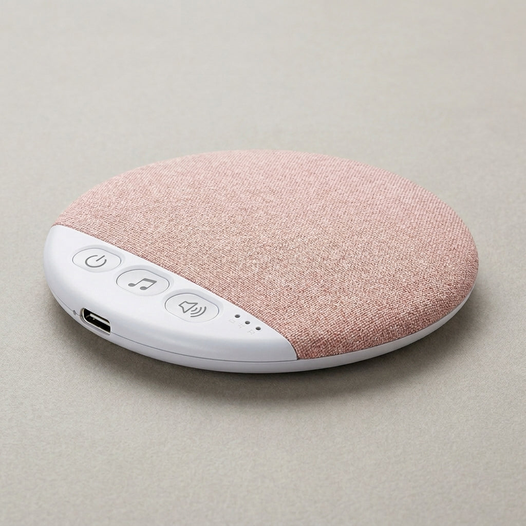 SnoozeZen under-pillow sleep speaker in pink with white base and buttons