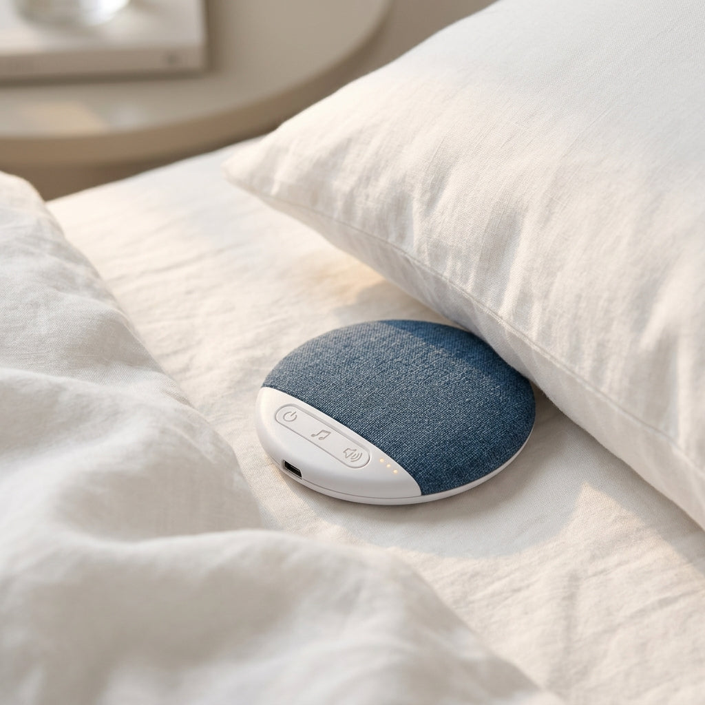 Blue SnoozeZen sleep speaker resting on a bed beside a pillow
