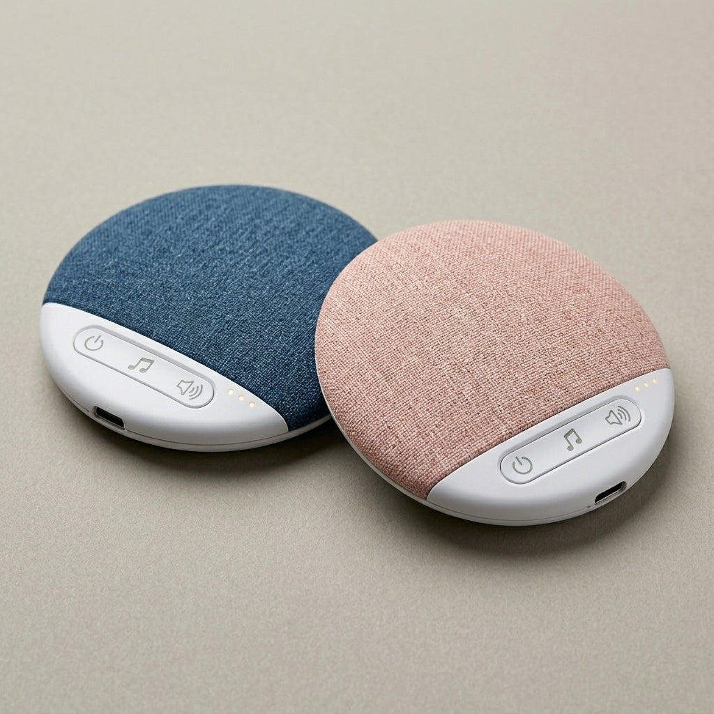 SnoozeZen sleep speaker shown in both blue and pink color options