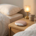 Pink SnoozeZen sleep speaker on a bedside table in a calm bedroom