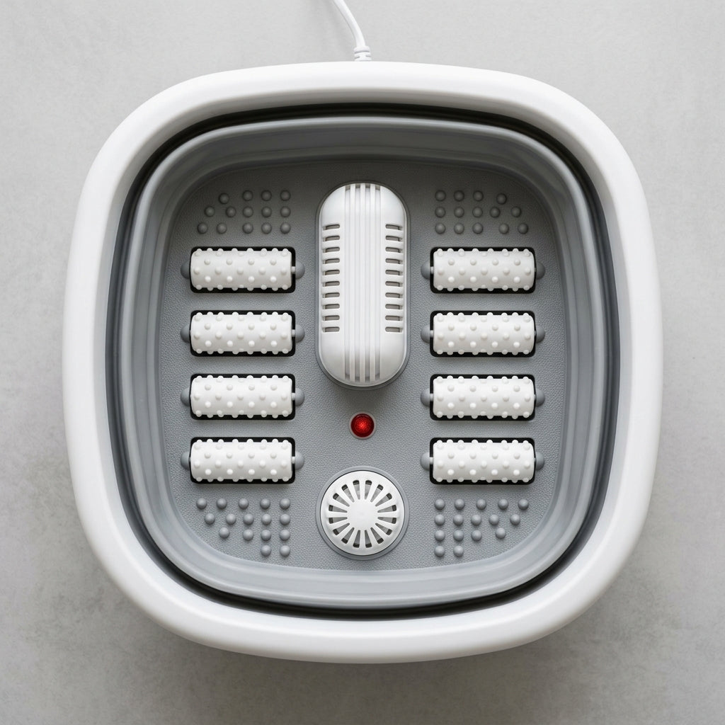 Top-down view inside the SoakZen foldable foot spa showing massage rollers, heater and bubble jet
