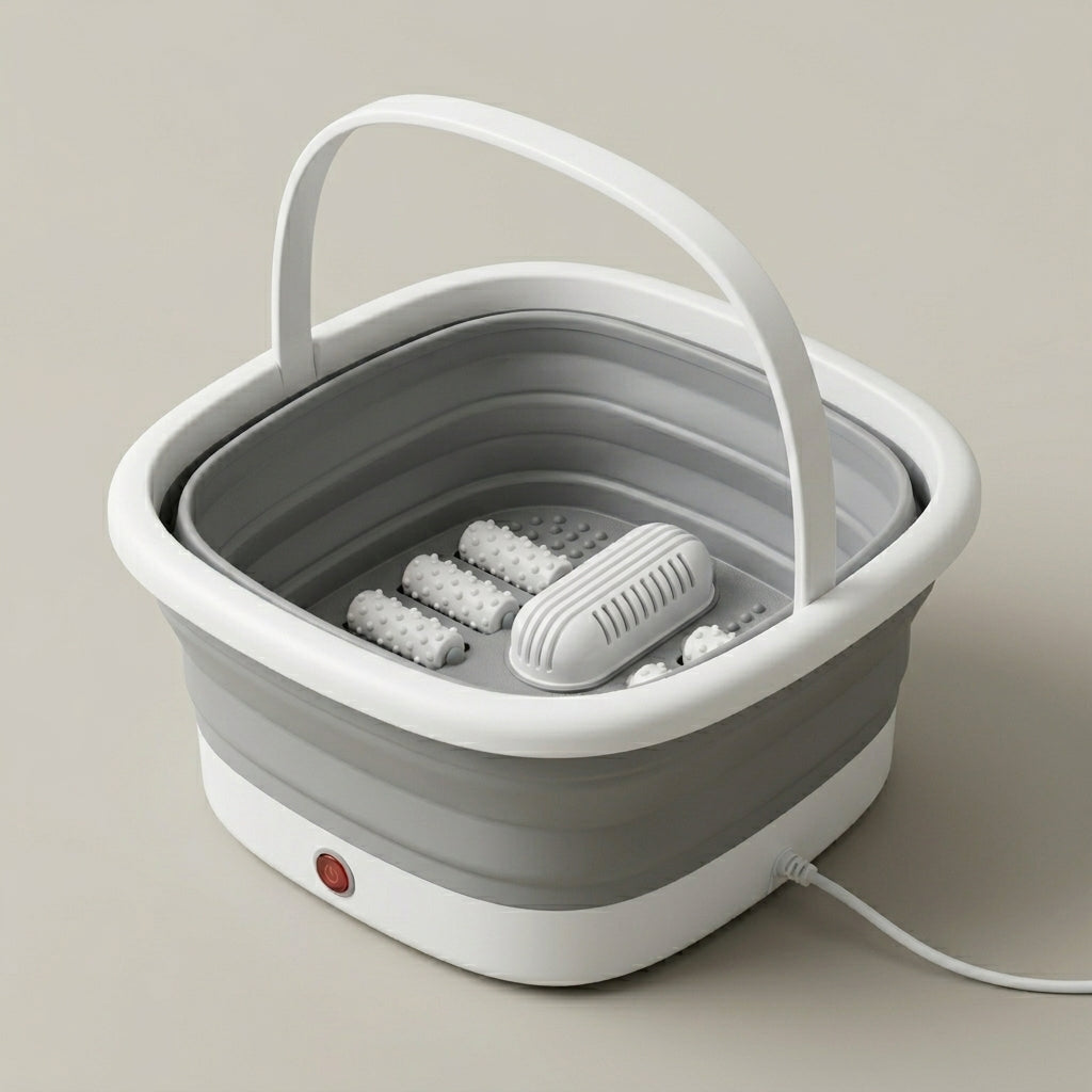 SoakZen collapsible foot spa shown open with carry handle and massage rollers