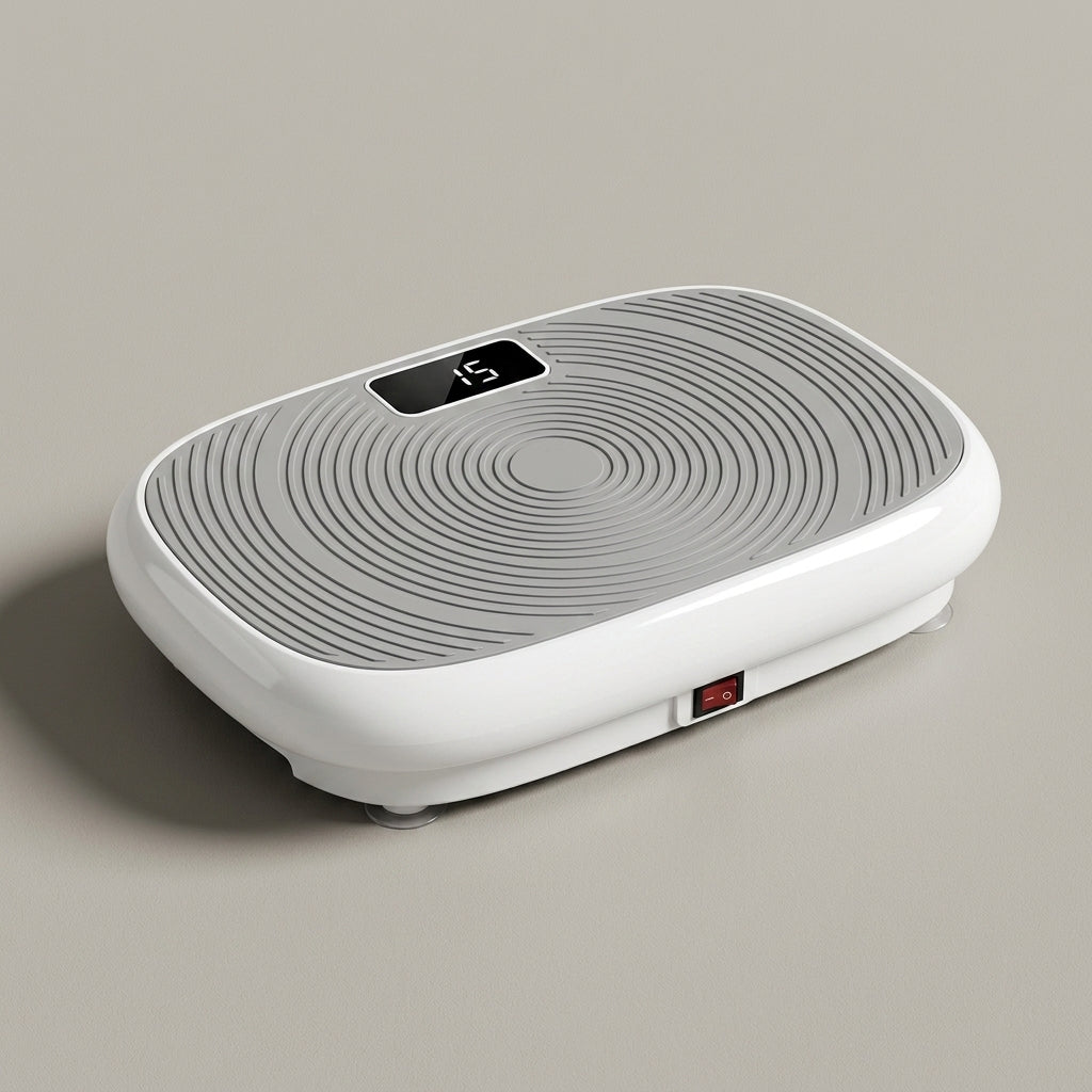 VibeZen white compact whole-body vibration plate with gray textured deck