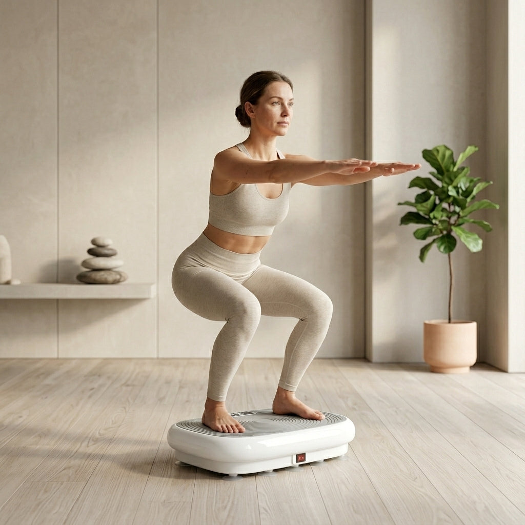 Woman doing a squat on the VibeZen vibration plate in a calm home studio