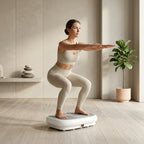 Woman doing a squat on the VibeZen vibration plate in a calm home studio