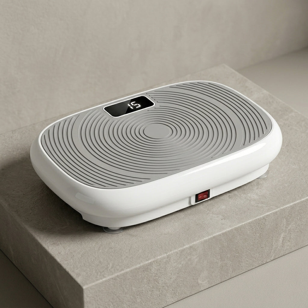 VibeZen vibration plate shown at an angle with gray concentric deck and display