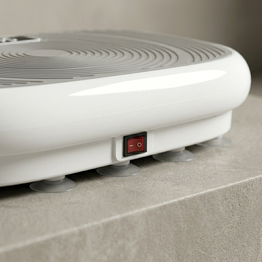 Detail of the VibeZen red rocker power switch and gray suction-cup feet