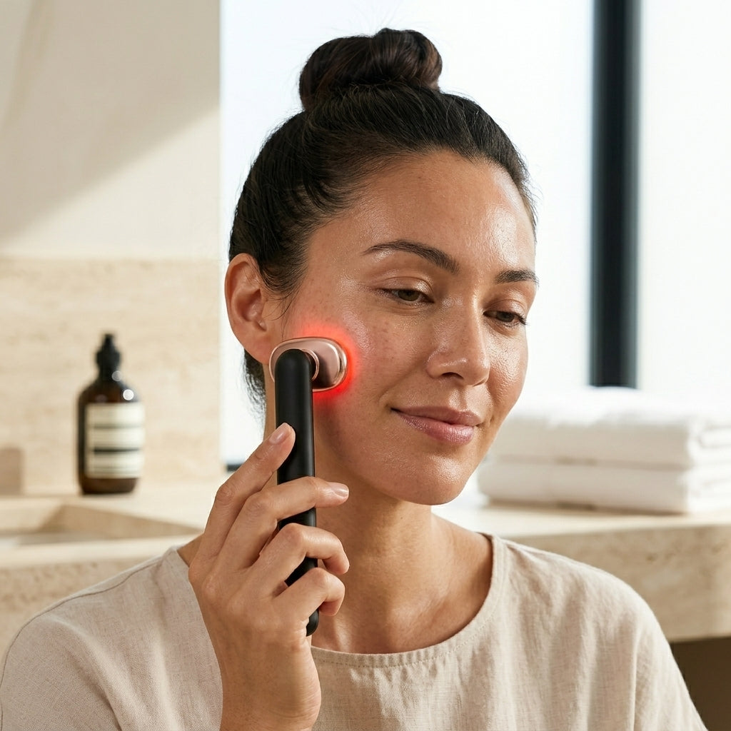 Woman gliding the WandZen LED face wand along her cheek with red light glow