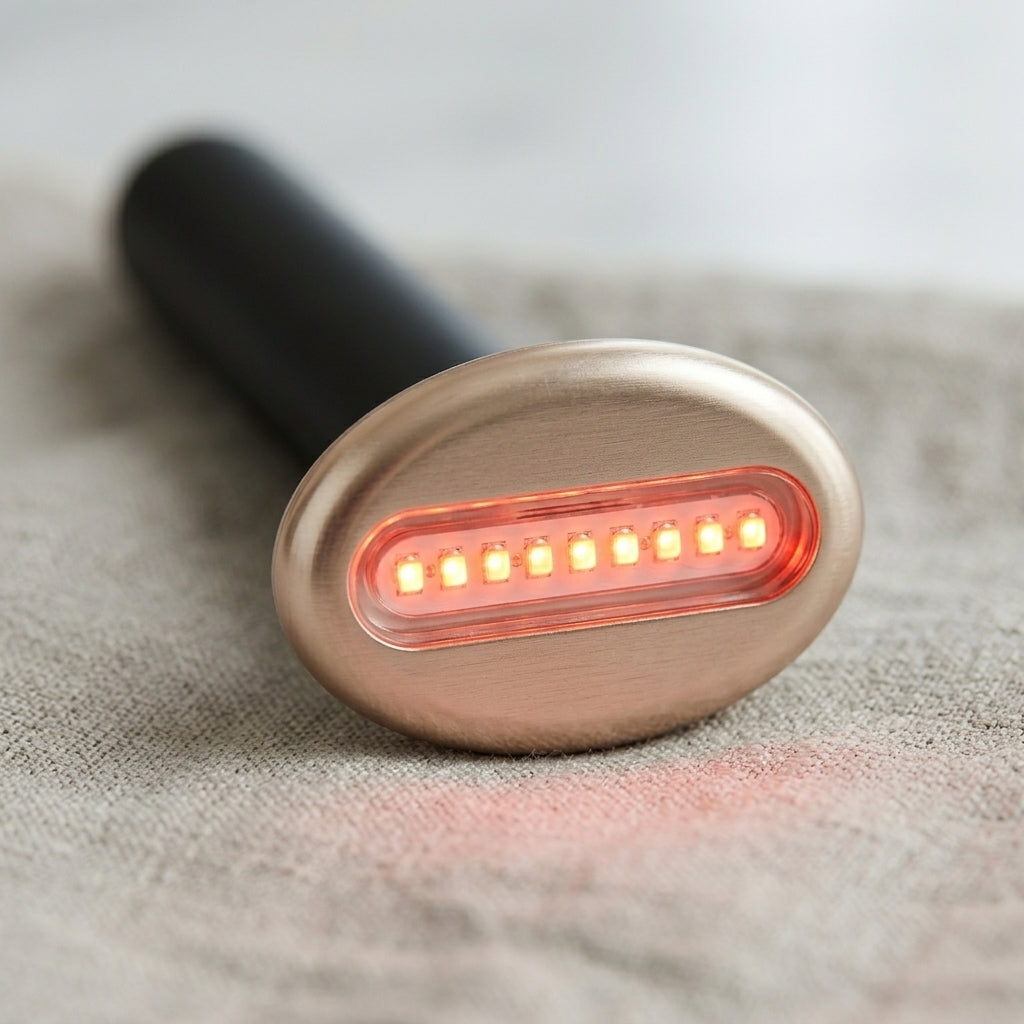 Close-up of the WandZen rose-gold head with a row of red LED lights
