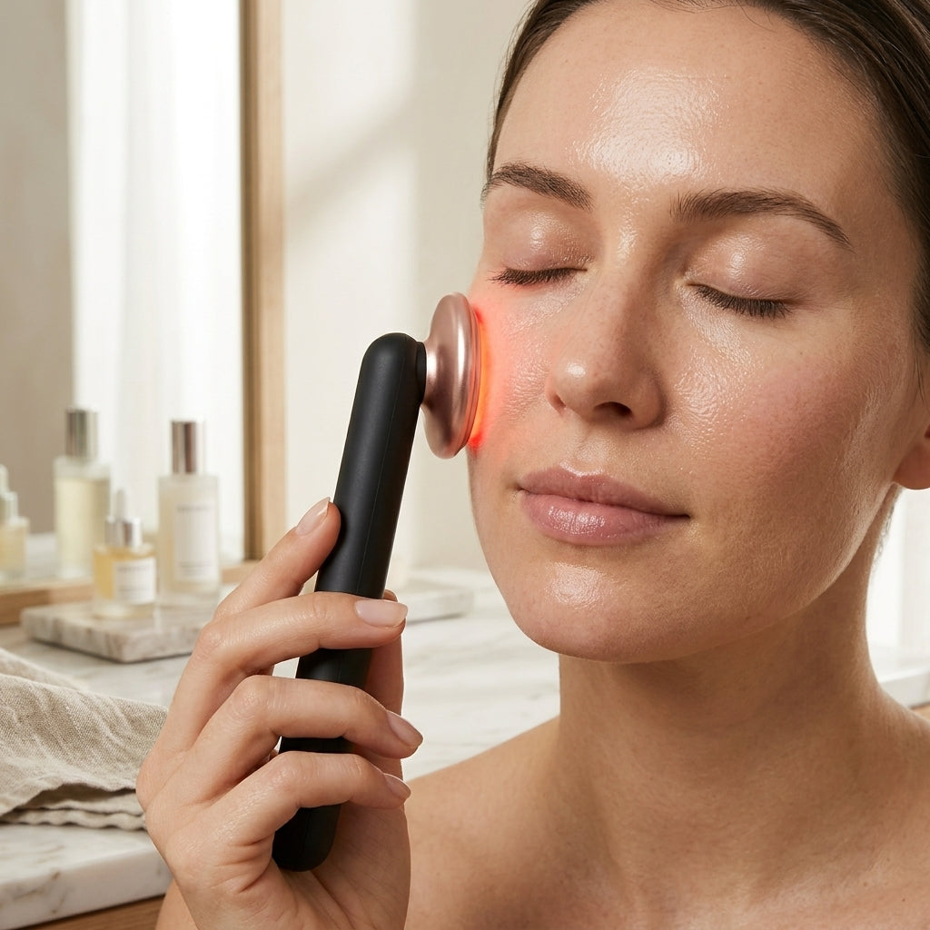 Woman using the WandZen LED face wand on her under-eye area with red light