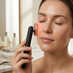 Woman using the WandZen LED face wand on her under-eye area with red light