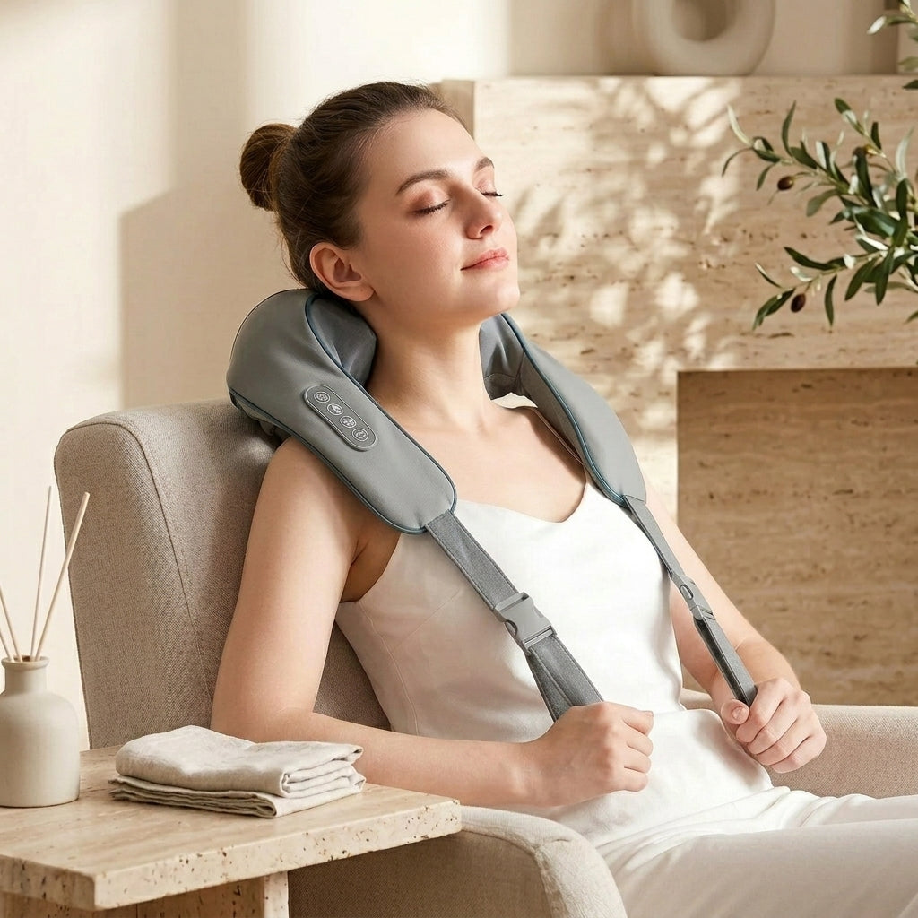 Woman relaxing while wearing the WrapZen shoulder and neck massager at home