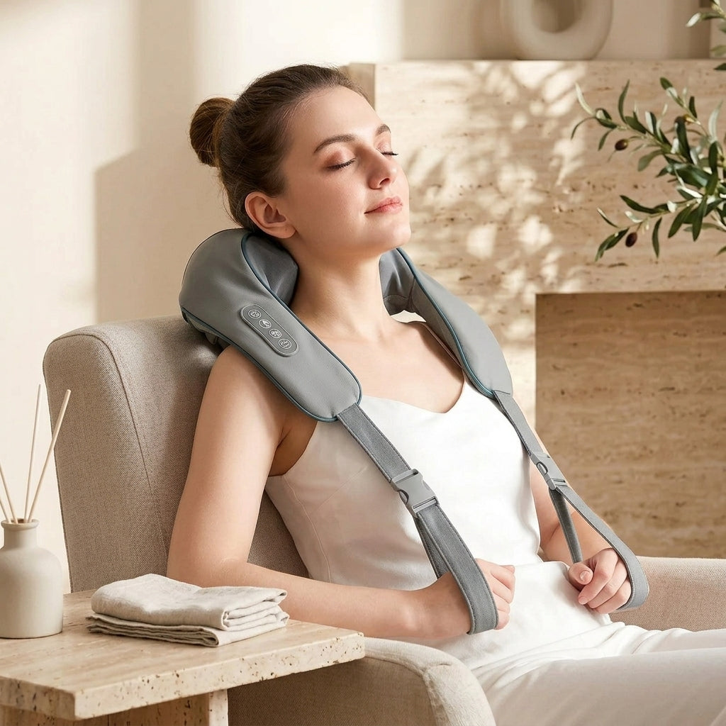WrapZen shoulder and neck wrap worn while seated and relaxed