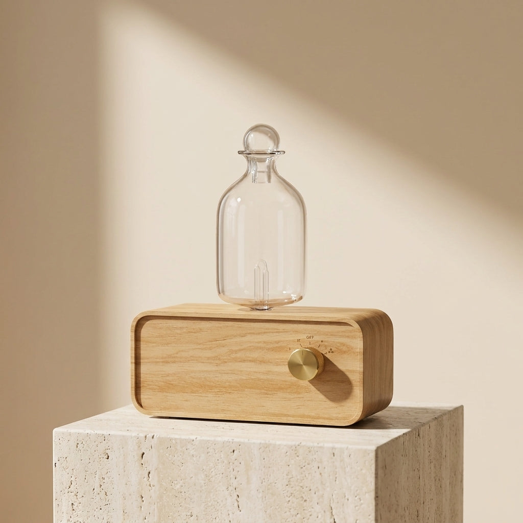Zenyzen AromaZen nebulizing diffuser with glass bottle on a travertine pedestal