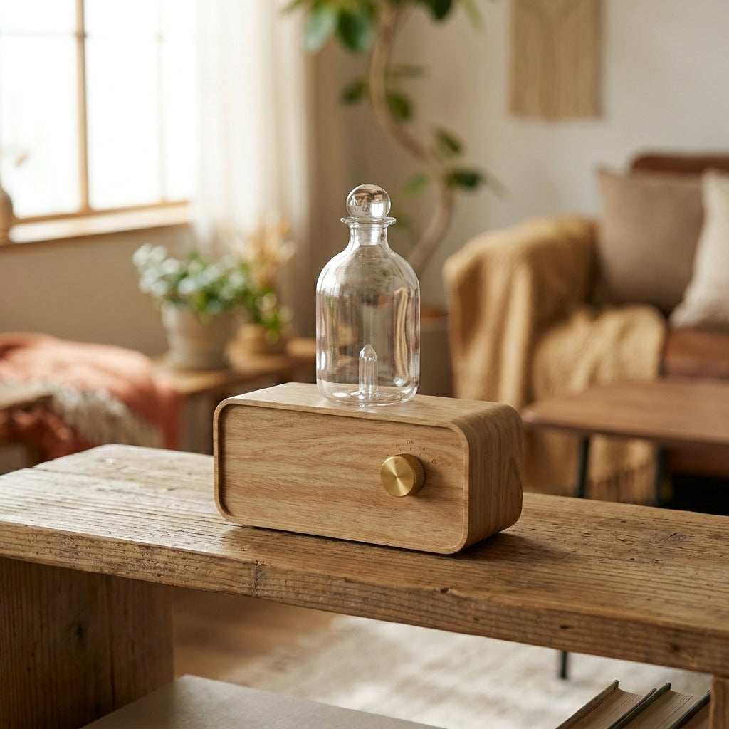AromaZen beech wood diffuser on dark stone surface with dramatic evening side light