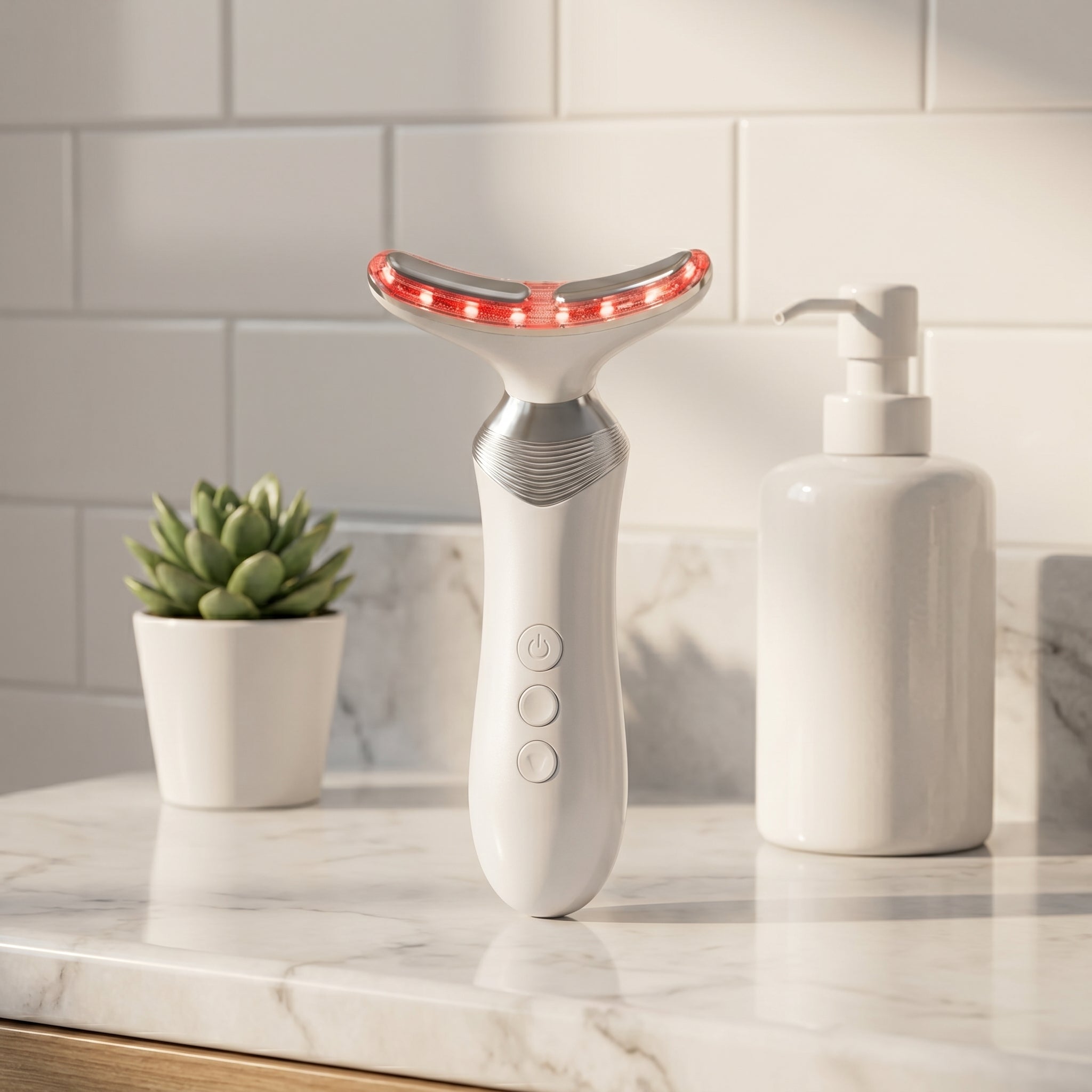AuraZen beauty device resting on a marble bathroom vanity