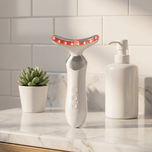 AuraZen beauty device resting on a marble bathroom vanity
