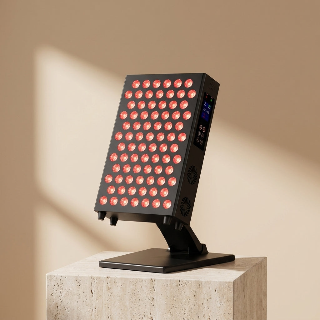 BeamZen red light panel on stand on travertine pedestal warm beige backdrop
