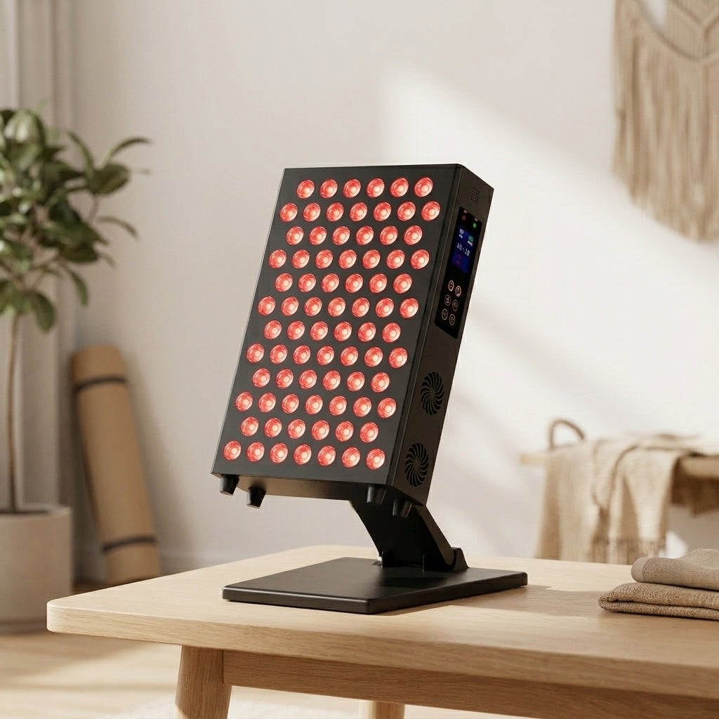BeamZen red light panel on stand in calm home wellness room wooden surface