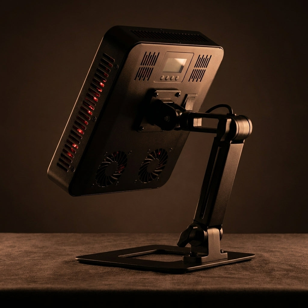 BeamZen red light panel glowing on dark charcoal stone surface evening mood