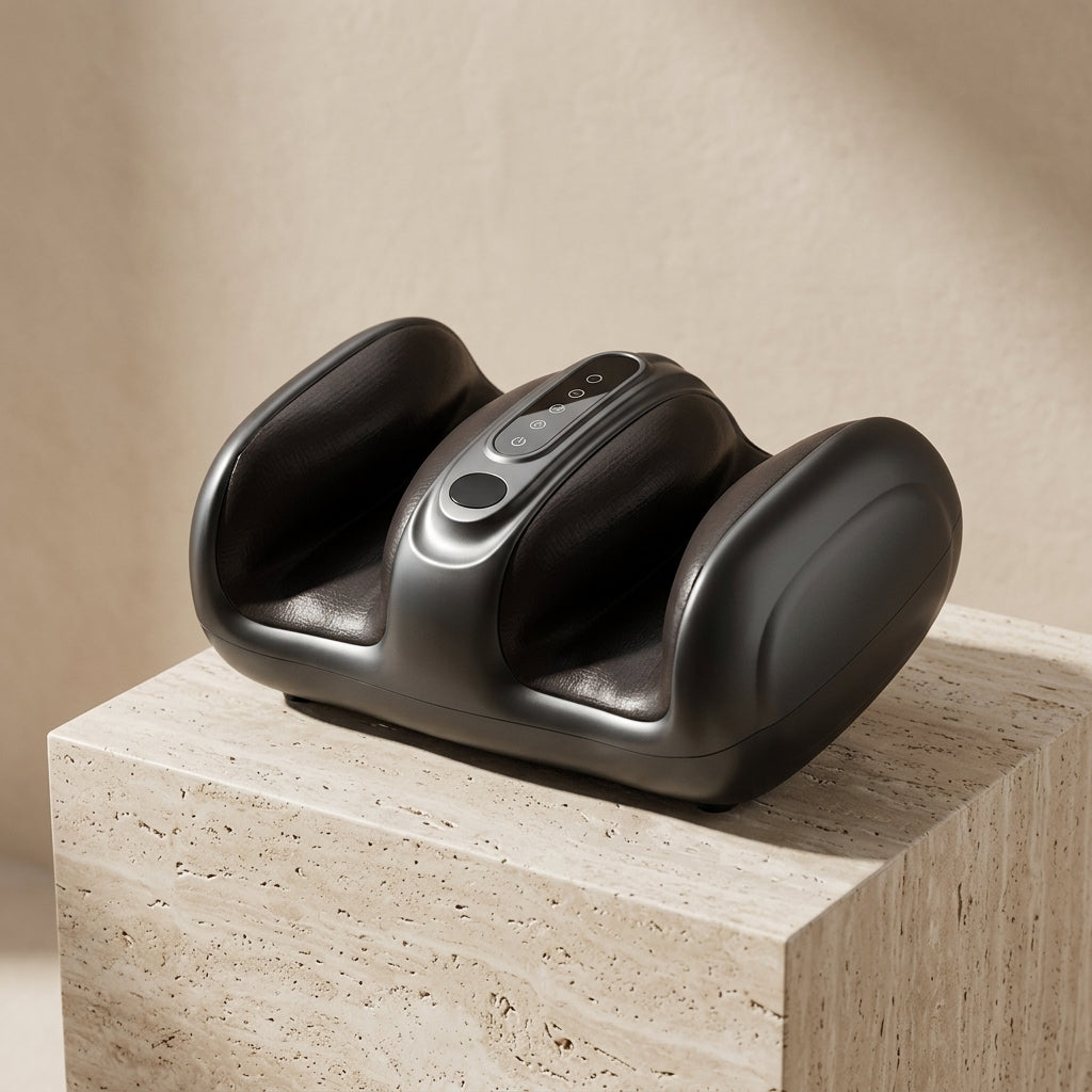 CalfZen calf and foot massager on travertine stone pedestal studio light