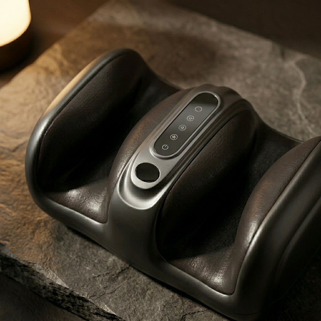 CalfZen calf massager on dark warm gray stone with soft side lighting