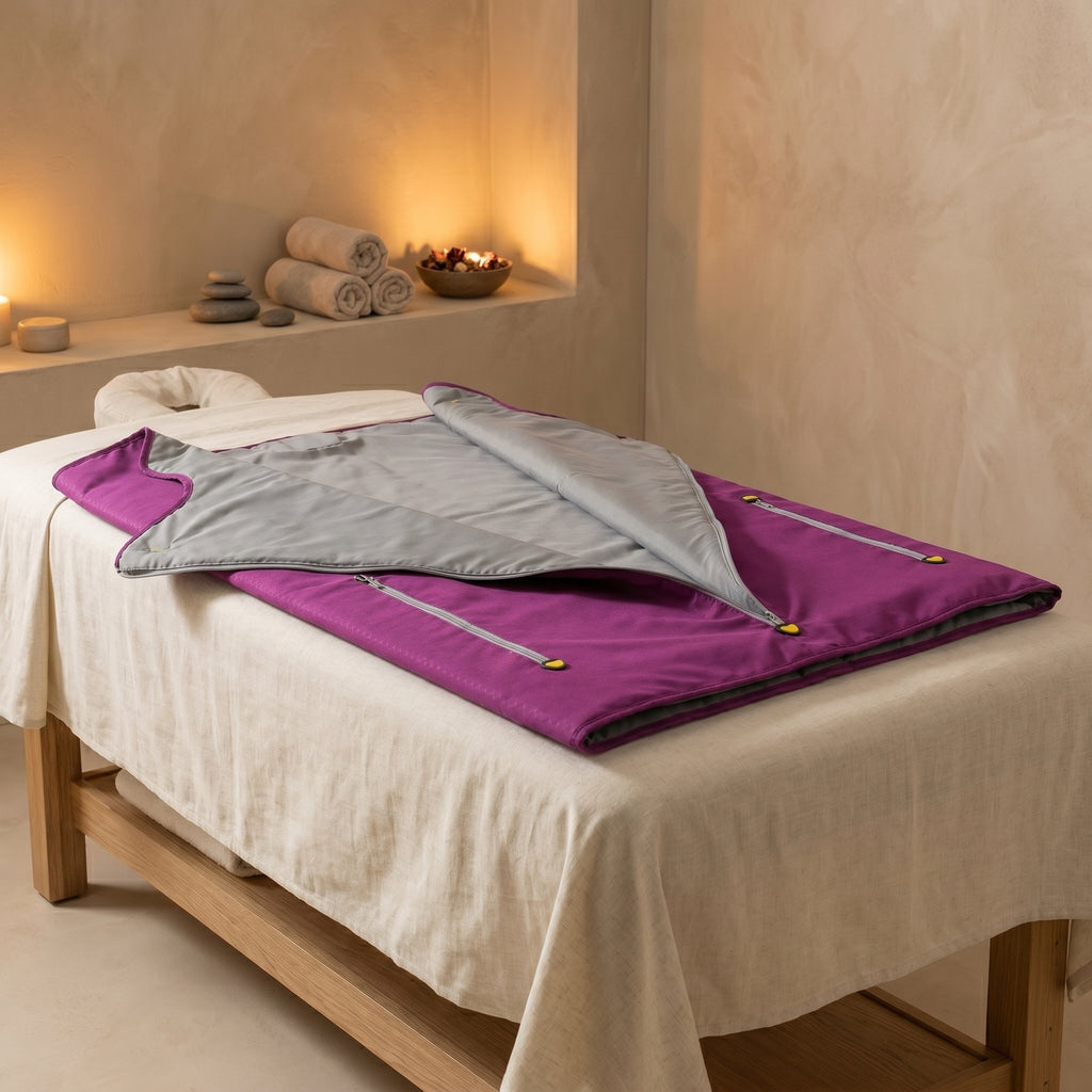 CocoonZen purple sauna blanket laid flat open on spa treatment table