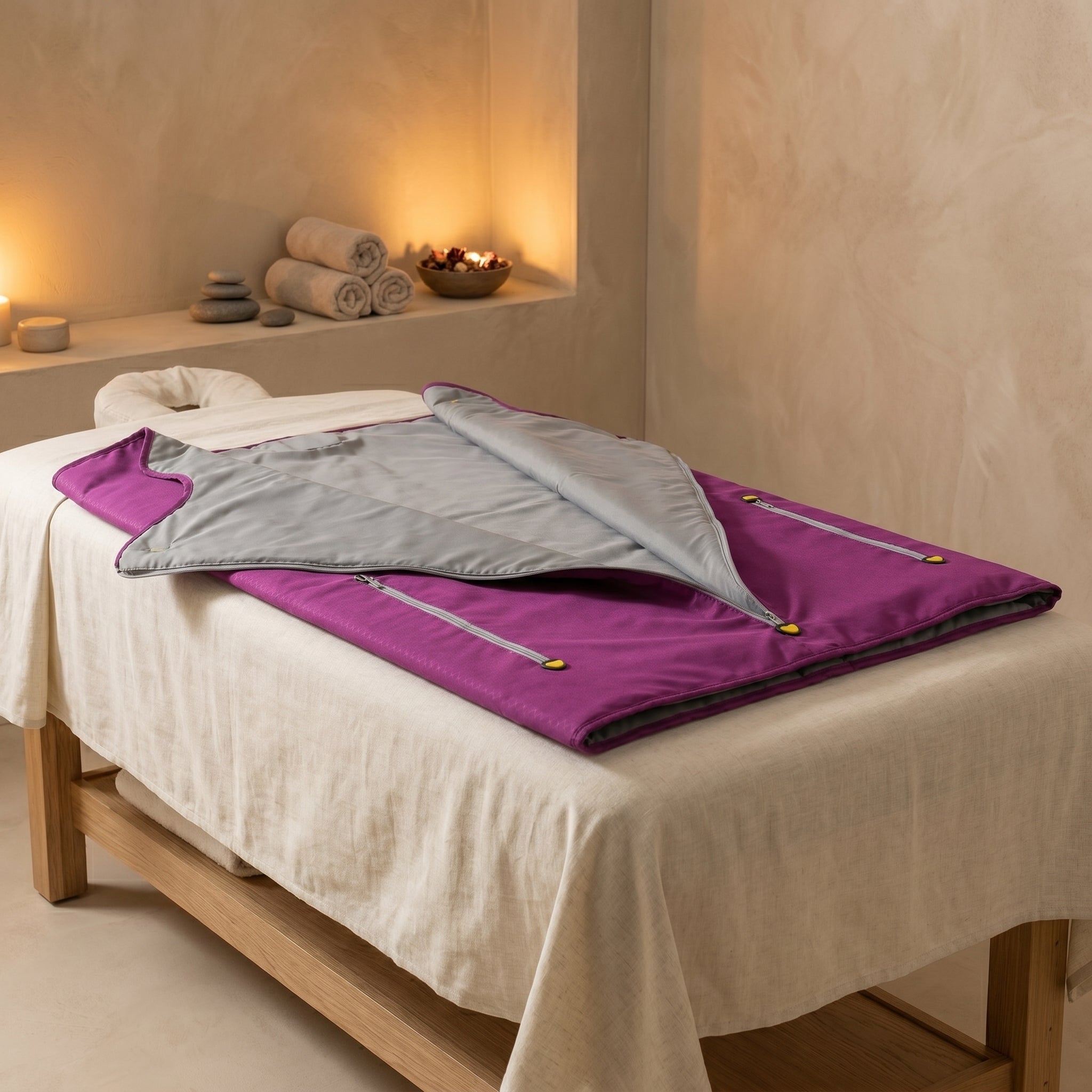 CocoonZen purple sauna blanket laid flat open on spa treatment table