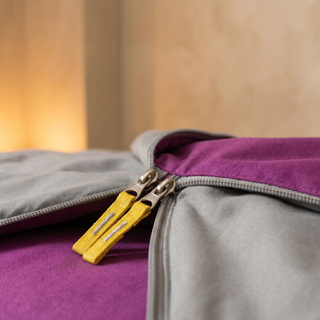 Close-up of CocoonZen zipper and zipper pull tabs soft studio light