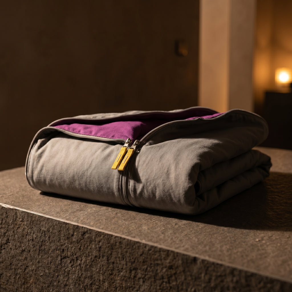 CocoonZen purple sauna blanket on dark stone surface evening wellness mood