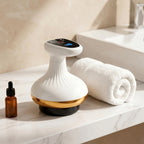 ContourZen massager on a marble vanity shelf with a rolled towel