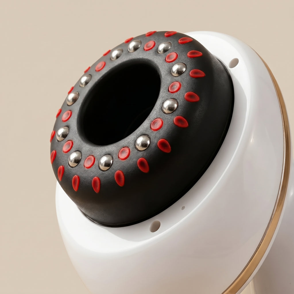 Close-up of the ContourZen scraping head with red bumps and metal beads