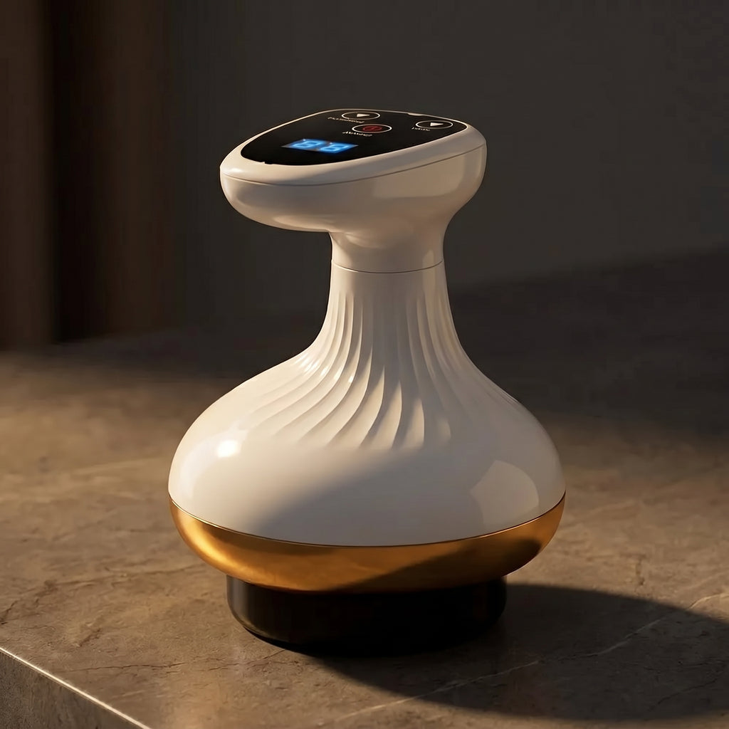 ContourZen massager on dark stone with the gold band catching warm light