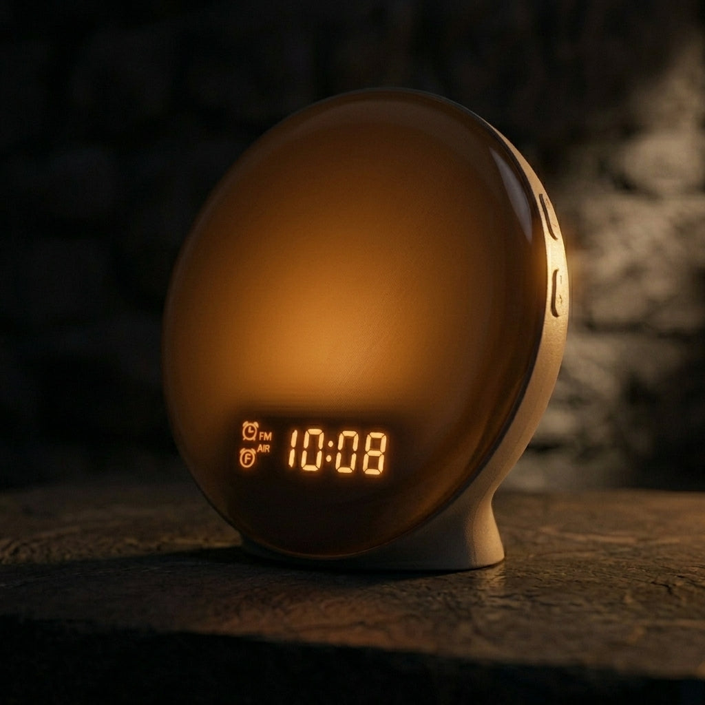 DawnZen sunrise clock on dark gray stone surface with dramatic side lighting