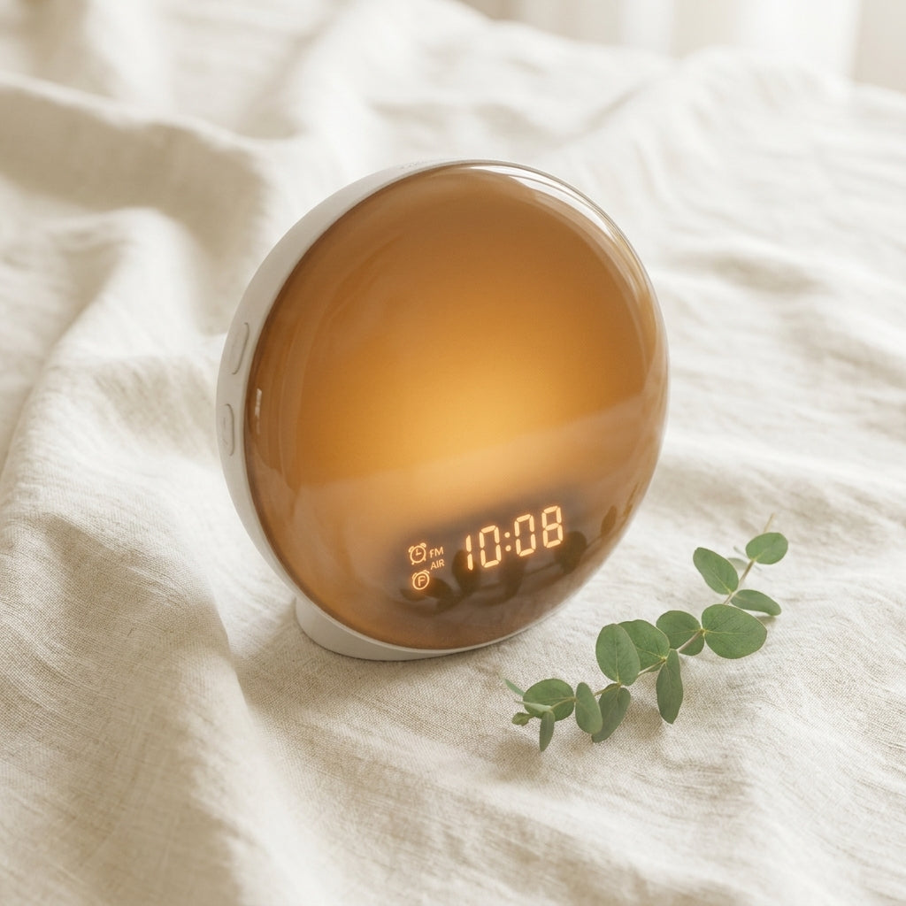 DawnZen alarm clock on cream linen fabric with small eucalyptus sprig in bright daylight