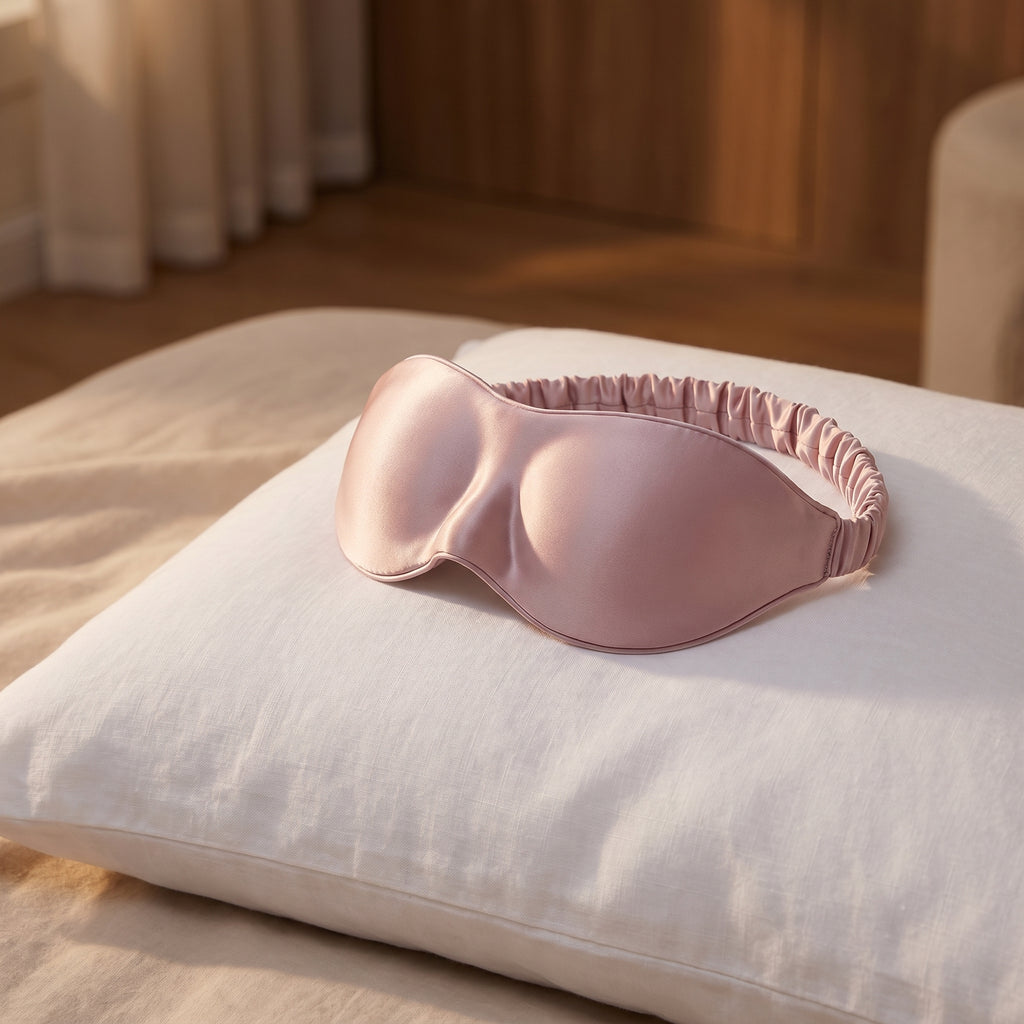 Pink silk sleep mask resting on a white linen bedroom pillow