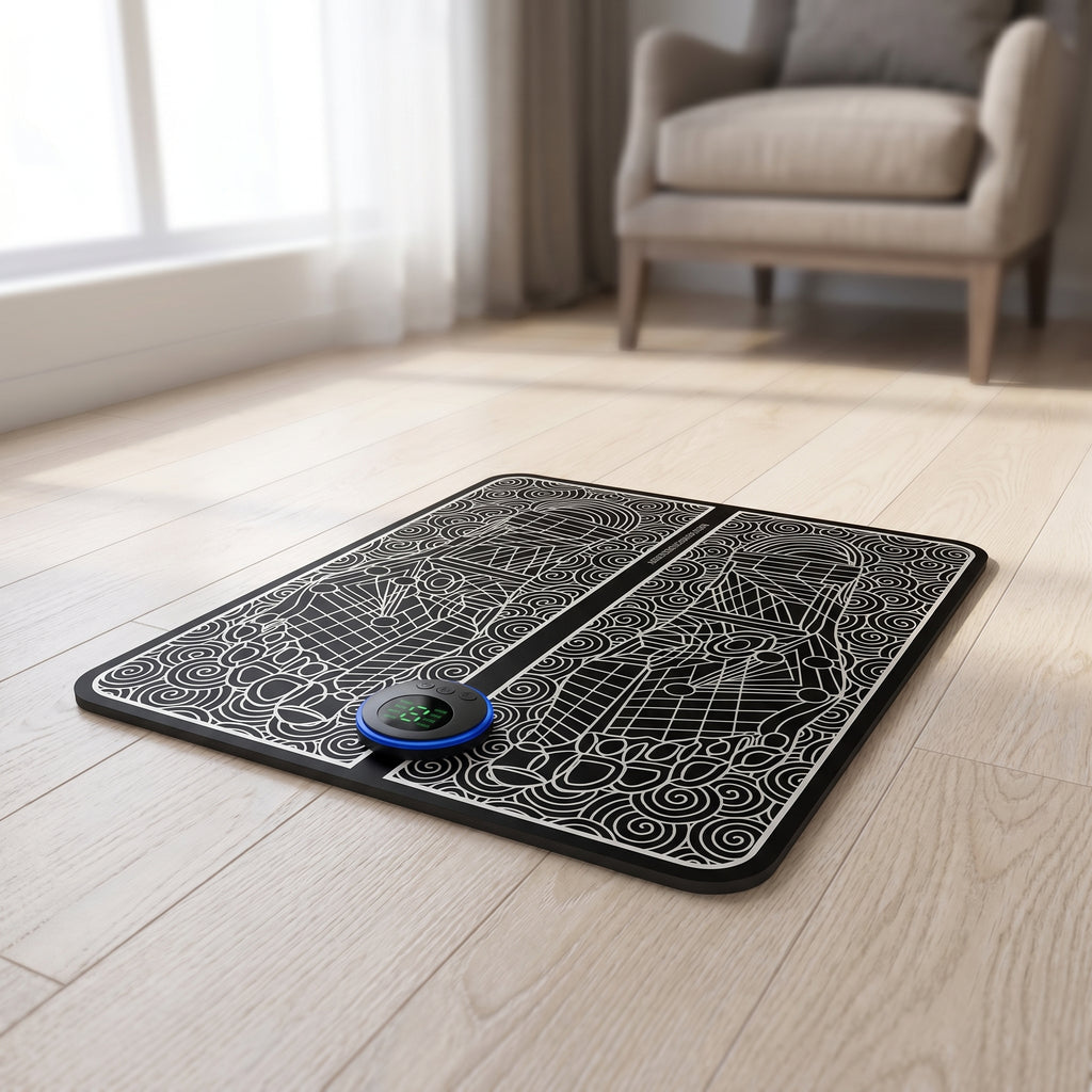 FlexZen foot mat lying flat on a wood floor in a calm living room